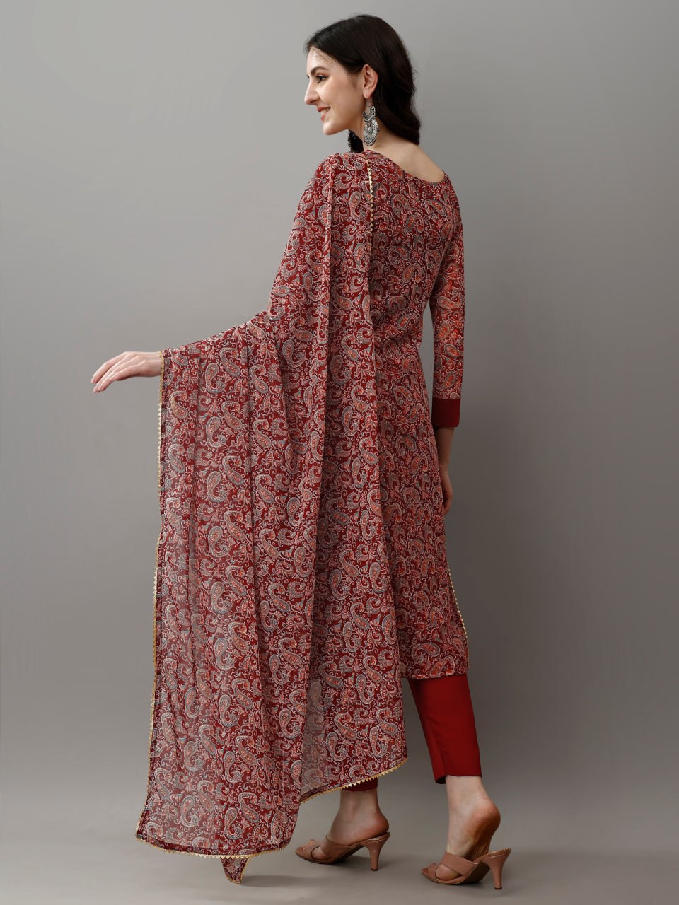 Women's Maroon Faux Georgette Embroidered Straight Kurta Pant With Dupatta