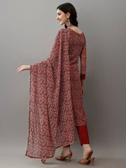 Women's Maroon Faux Georgette Embroidered Straight Kurta Pant With Dupatta-MDC-MV-6030-MARUN