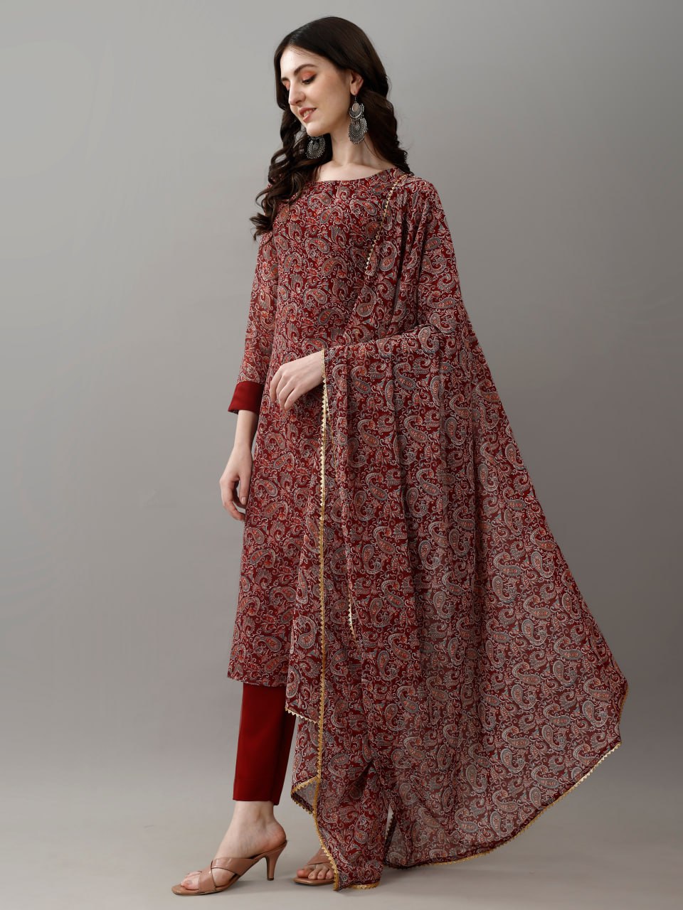 Women's Maroon Faux Georgette Embroidered Straight Kurta Pant With Dupatta