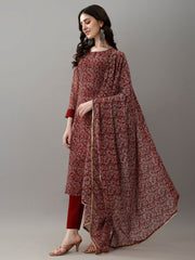 Women's Maroon Faux Georgette Embroidered Straight Kurta Pant With Dupatta-MDC-MV-6030-MARUN
