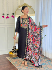 Women's Black Viscose Chanderi Embroidered Straight Kurta Pant With Dupatta-MDC-NARI-BLACK