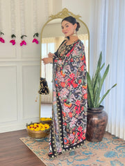 Women's Black Viscose Chanderi Embroidered Straight Kurta Pant With Dupatta-MDC-NARI-BLACK