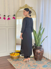 Women's Black Viscose Chanderi Embroidered Straight Kurta Pant With Dupatta-MDC-NARI-BLACK