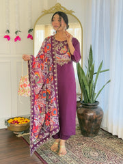 Women's Purple Viscose Chanderi Embroidered Straight Kurta Pant With Dupatta-MDC-NARI-PURPLE