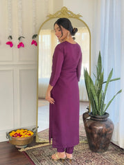 Women's Purple Viscose Chanderi Embroidered Straight Kurta Pant With Dupatta-MDC-NARI-PURPLE