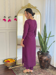 Women's Purple Viscose Chanderi Embroidered Straight Kurta Pant With Dupatta-MDC-NARI-PURPLE