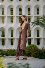 Women's Brown Tissue with floral printed and Embroidered Straight Kurta Pant With Dupatta-MDC-S2001-BROWN