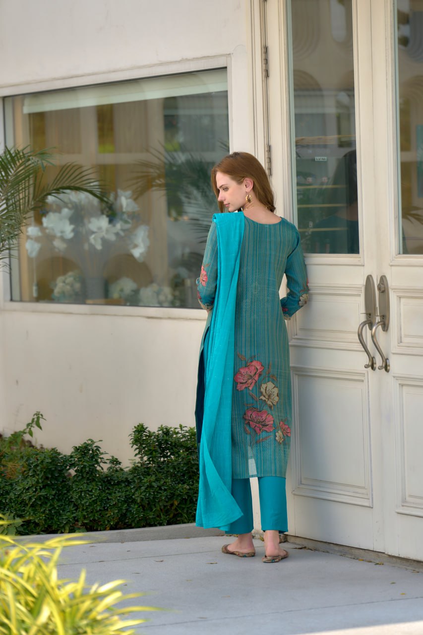 Women's Sky Blue Tissue with floral printed and Embroidered Straight Kurta Pant With Dupatta