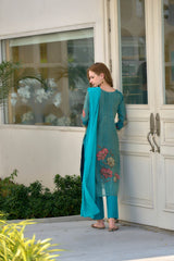 Women's Sky Blue Tissue with floral printed and Embroidered Straight Kurta Pant With Dupatta-MDC-S2002-SKY