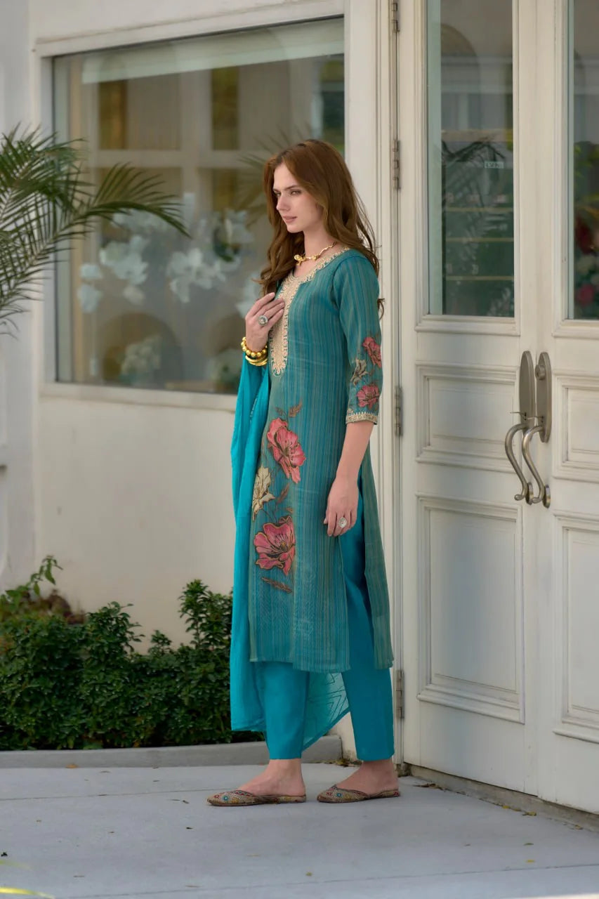 Women's Sky Blue Tissue with floral printed and Embroidered Straight Kurta Pant With Dupatta