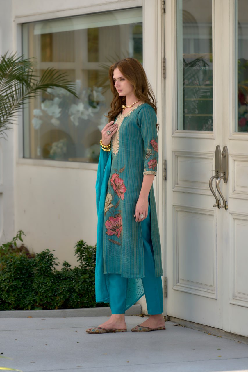 Women's Sky Blue Tissue with floral printed and Embroidered Straight Kurta Pant With Dupatta