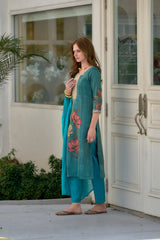 Women's Sky Blue Tissue with floral printed and Embroidered Straight Kurta Pant With Dupatta-MDC-S2002-SKY