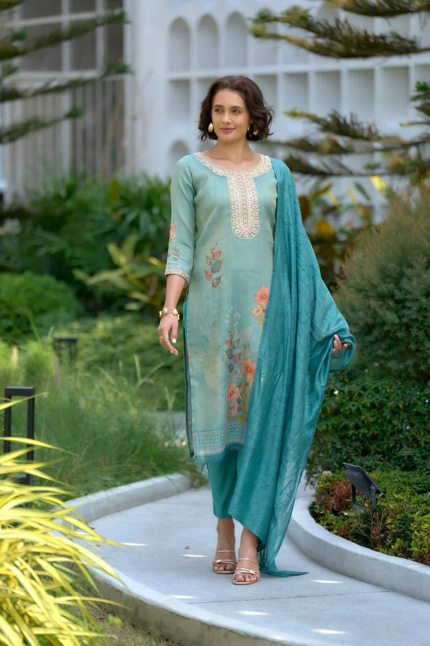 Women's Aqua Blue Tissue with floral printed and Embroidered Straight Kurta Pant With Dupatta