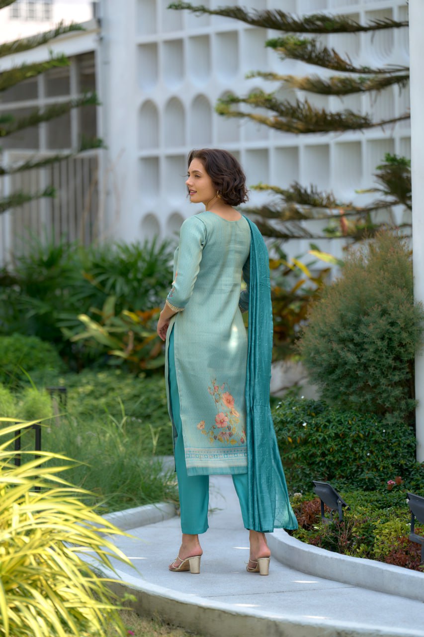 Women's Aqua Blue Tissue with floral printed and Embroidered Straight Kurta Pant With Dupatta