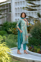 Women's Aqua Blue Tissue with floral printed and Embroidered Straight Kurta Pant With Dupatta-MDC-S2003-SKY
