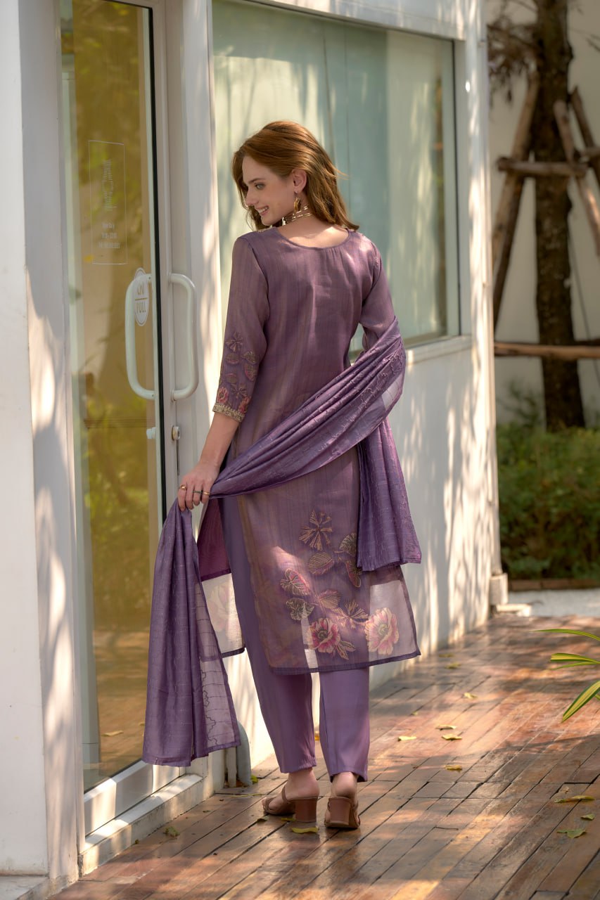 Women's Purple Tissue with floral printed and Embroidered Straight Kurta Pant With Dupatta