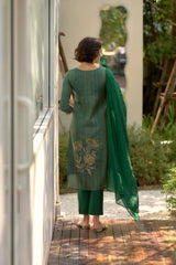 Women's Green Tissue with floral printed and Embroidered Straight Kurta Pant With Dupatta-MDC-S2005-GREEN