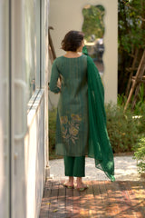Women's Green Tissue with floral printed and Embroidered Straight Kurta Pant With Dupatta-MDC-S2005-GREEN