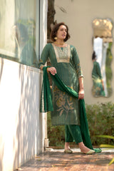 Women's Green Tissue with floral printed and Embroidered Straight Kurta Pant With Dupatta-MDC-S2005-GREEN