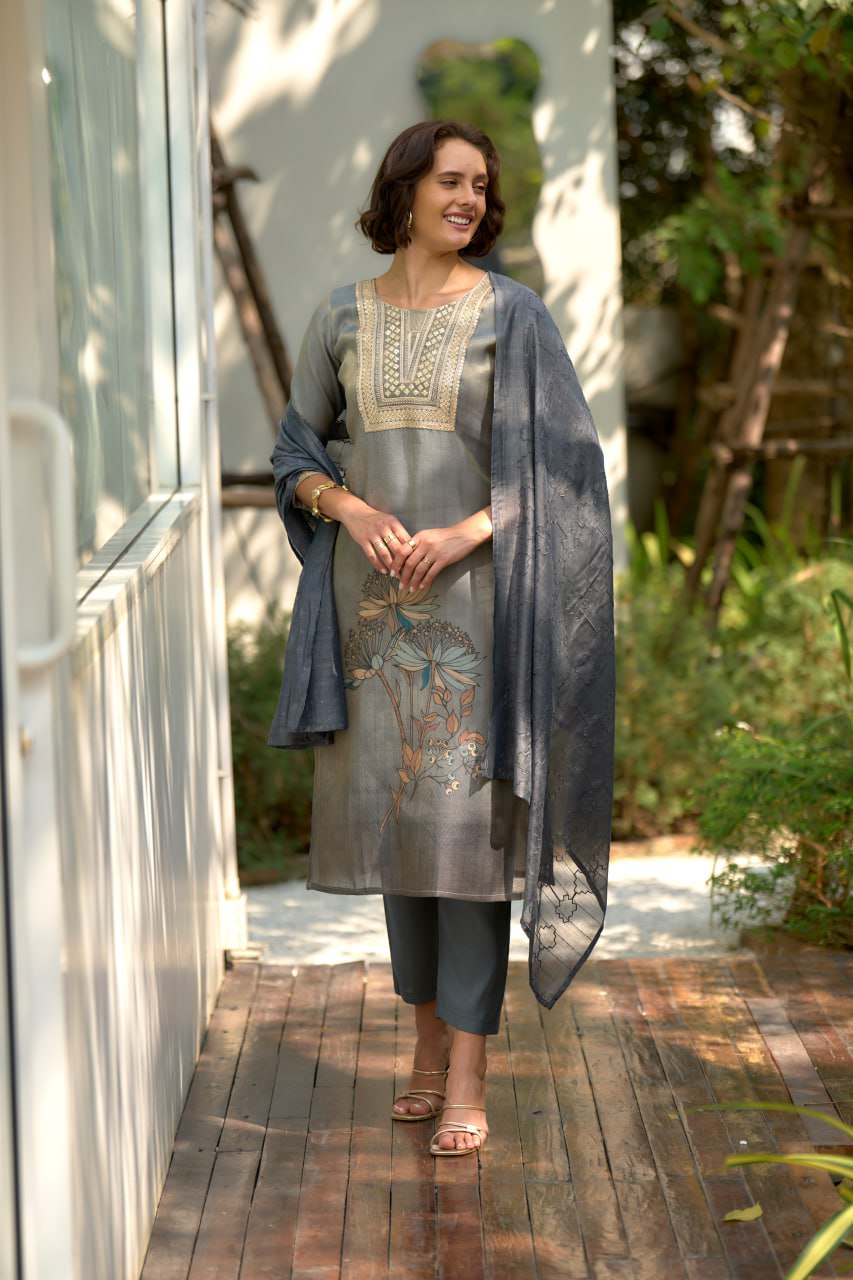 Women's Grey Tissue with floral printed and Embroidered Straight Kurta Pant With Dupatta-MDC-S2006-GREY