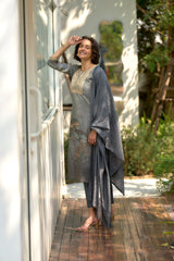 Women's Grey Tissue with floral printed and Embroidered Straight Kurta Pant With Dupatta-MDC-S2006-GREY