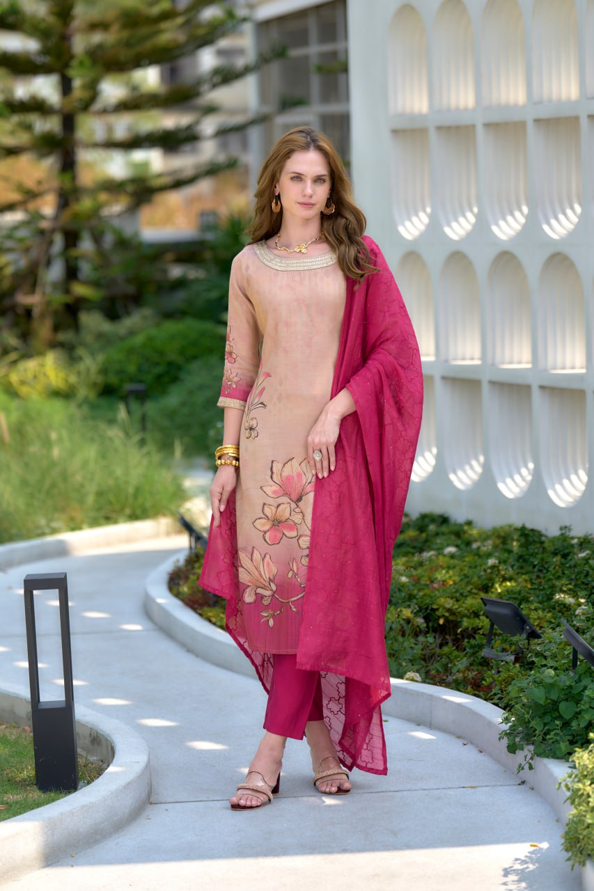Women's Peach Tissue with floral printed and Embroidered Straight Kurta Pant With Dupatta-MDC-S2007-PEACH