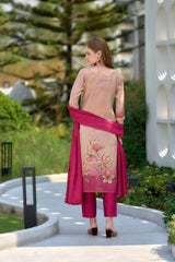Women's Peach Tissue with floral printed and Embroidered Straight Kurta Pant With Dupatta-MDC-S2007-PEACH