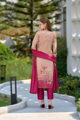 Women's Peach Tissue with floral printed and Embroidered Straight Kurta Pant With Dupatta-MDC-S2007-PEACH