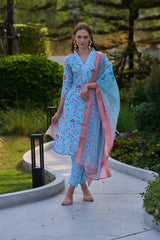 Women's Sky Blue Vetican fabric with floral printed Kurta Pant With Dupatta-MDC-S2008-SKY