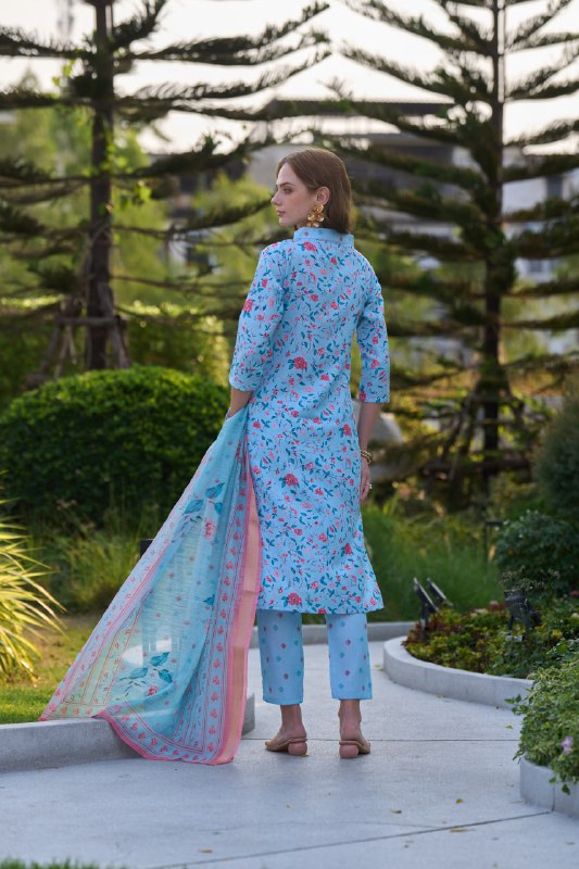 Women's Sky Blue Vetican fabric with floral printed Kurta Pant With Dupatta
