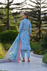 Women's Sky Blue Vetican fabric with floral printed Kurta Pant With Dupatta-MDC-S2008-SKY