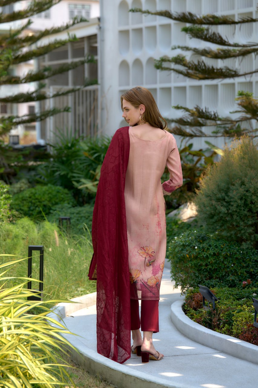 Women's Peach Viscose Tissue with floral printed and Embroidered Straight Kurta Pant With Dupatta