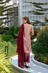 Women's Peach Viscose Tissue with floral printed and Embroidered Straight Kurta Pant With Dupatta-MDC-S2009-PEACH