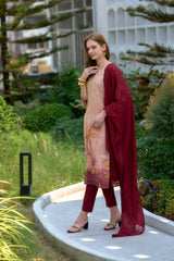 Women's Peach Viscose Tissue with floral printed and Embroidered Straight Kurta Pant With Dupatta-MDC-S2009-PEACH