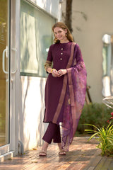 Women's Wine Roman Silk Embroidered Straight Kurta Pant With Dupatta-MDC-S2010-WINE