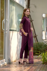 Women's Wine Roman Silk Embroidered Straight Kurta Pant With Dupatta-MDC-S2010-WINE