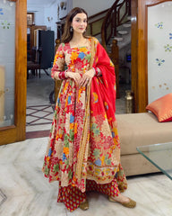 Women's Red Muslin Cotton Embroidered Anarkali Kurta Plazzo With Dupatta-MDC-SAMRUDHDHI-RED