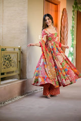 Women's Red Muslin Cotton Embroidered Anarkali Kurta Plazzo With Dupatta-MDC-SAMRUDHDHI-RED
