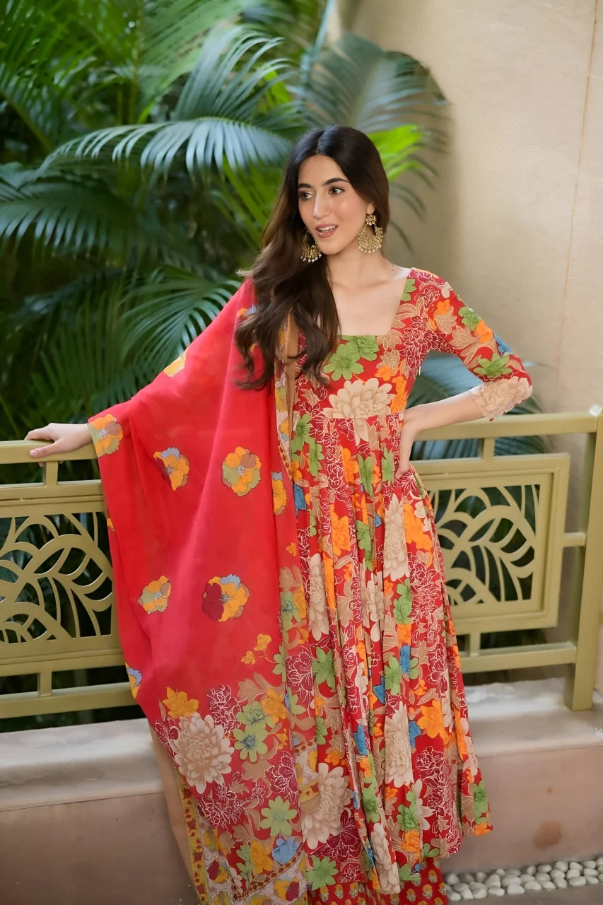 Women's Red Muslin Cotton Embroidered Anarkali Kurta Plazzo With Dupatta