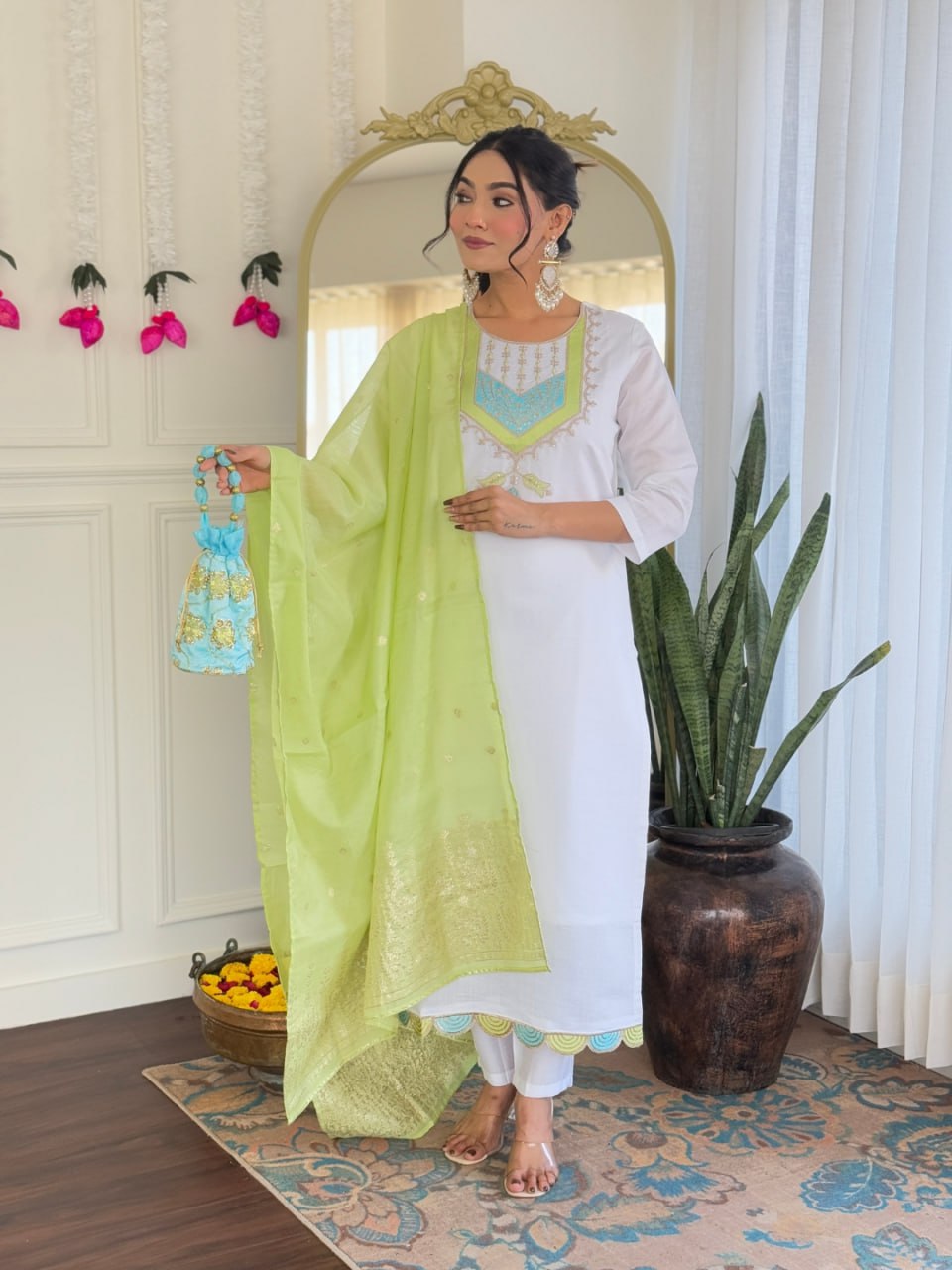 Women's White Viscose Chanderi Embroidered Straight Kurta Pant With Dupatta-MDC-SHIVANGI-WHITE