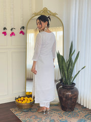 Women's White Viscose Chanderi Embroidered Straight Kurta Pant With Dupatta-MDC-SHIVANGI-WHITE