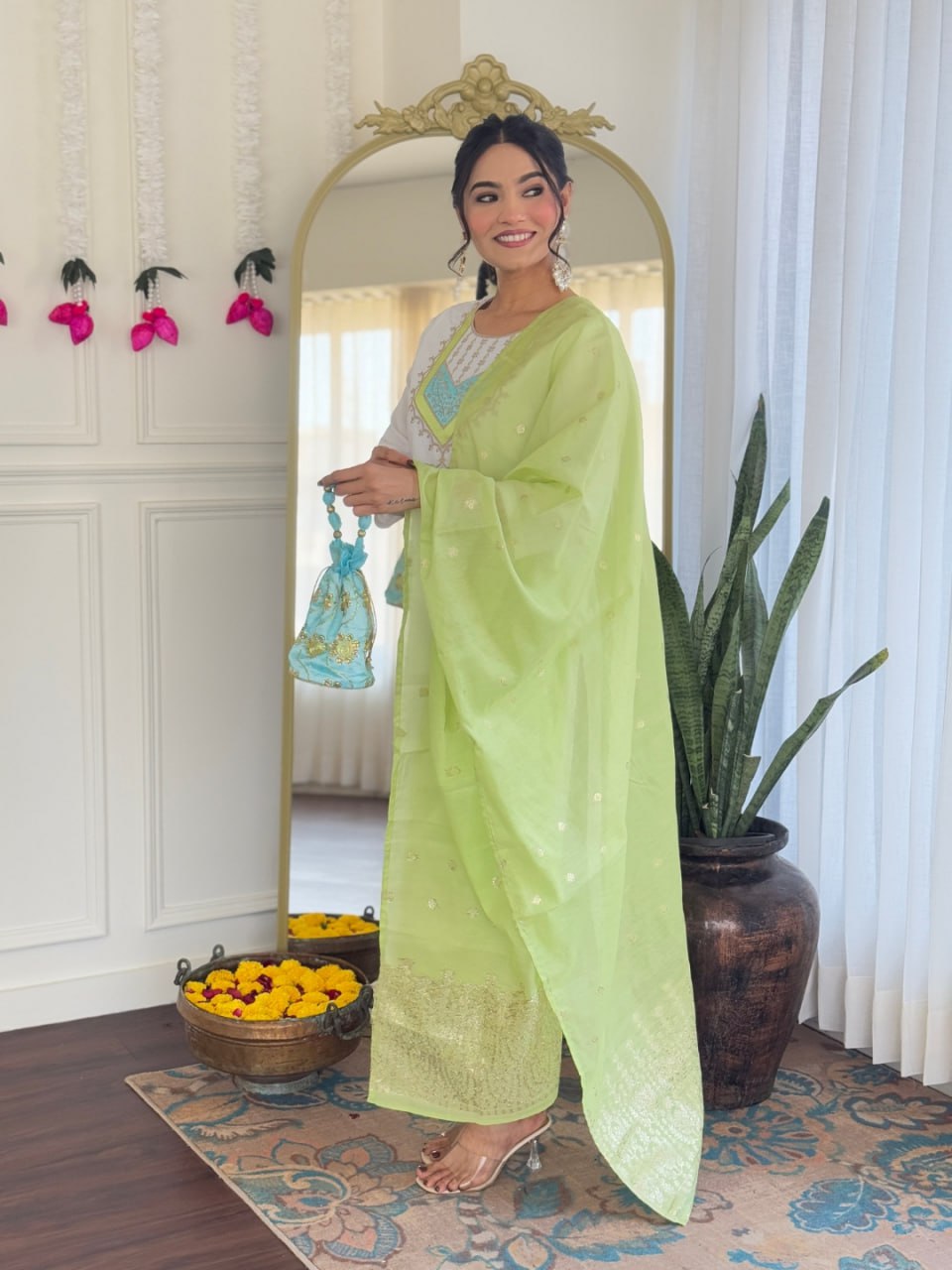 Women's White Viscose Chanderi Embroidered Straight Kurta Pant With Dupatta