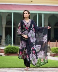 Women's Black Georgette Embroidered Straight Kurta Pant With Dupatta-MDC-SONIKA-BLACK