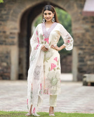 Women's Cream Georgette Embroidered Straight Kurta Pant With Dupatta-MDC-SONIKA-CREAM
