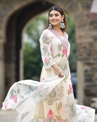 Women's Cream Georgette Embroidered Straight Kurta Pant With Dupatta-MDC-SONIKA-CREAM
