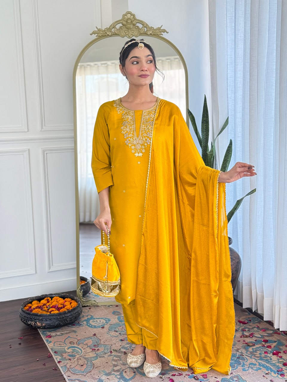 Women's Mustard Viscose Chanderi Embroidered Straight Kurta Pant With Dupatta-MDC-VEDIKA-MUSTARD