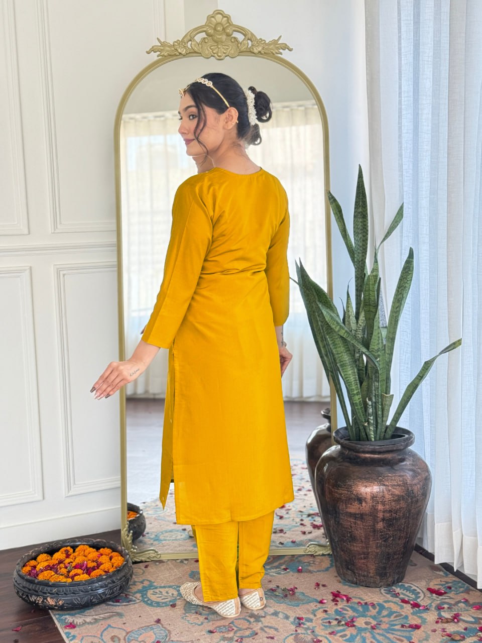 Women's Mustard Viscose Chanderi Embroidered Straight Kurta Pant With Dupatta