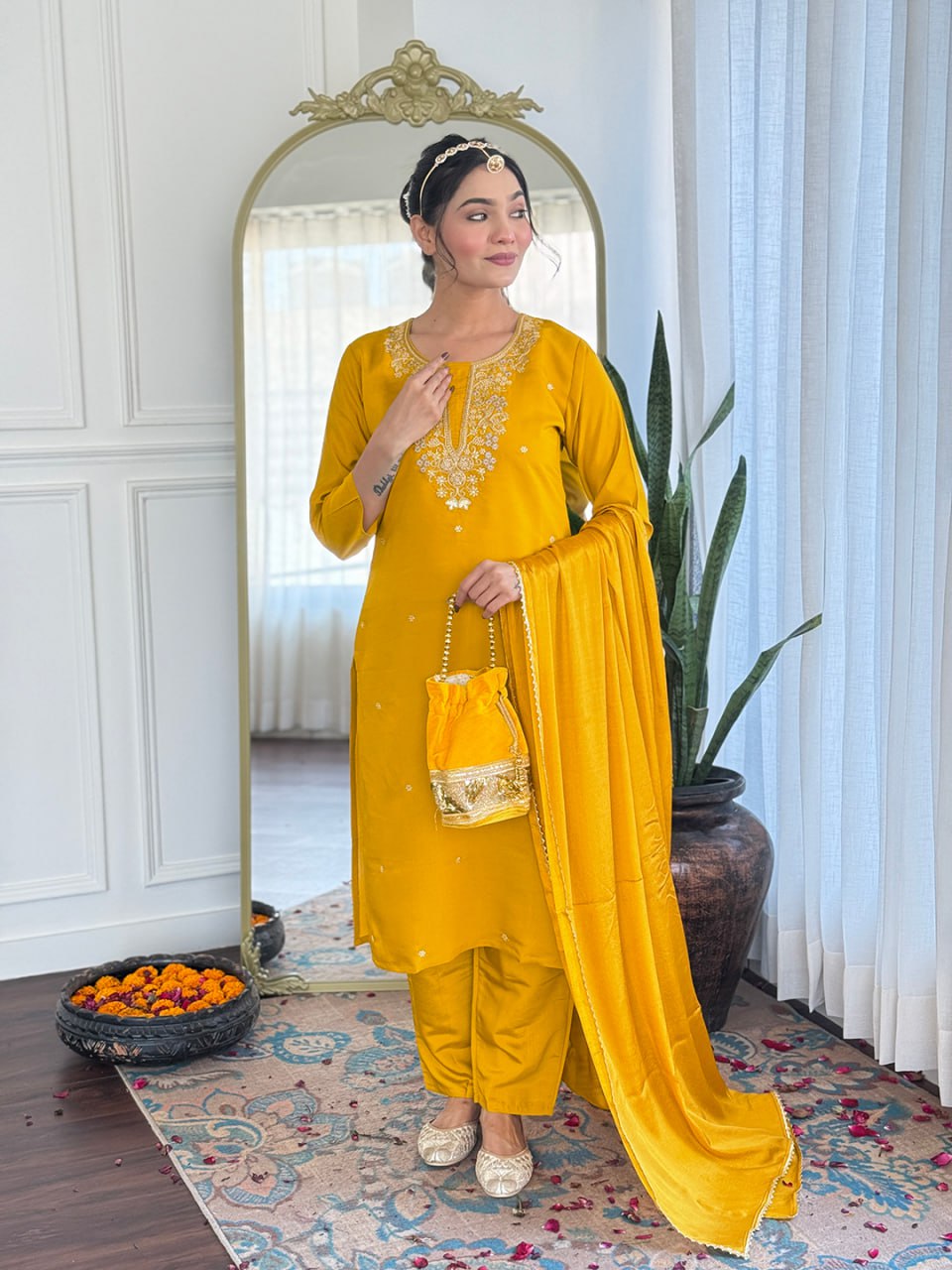 Women's Mustard Viscose Chanderi Embroidered Straight Kurta Pant With Dupatta