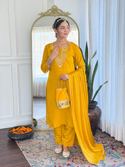 Women's Mustard Viscose Chanderi Embroidered Straight Kurta Pant With Dupatta-MDC-VEDIKA-MUSTARD
