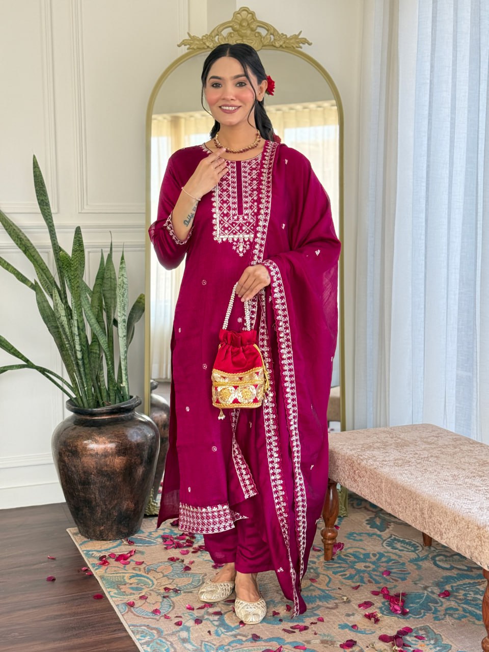 Women's Wine CP Vichitra Embroidered Straight Kurta Pant With Dupatta